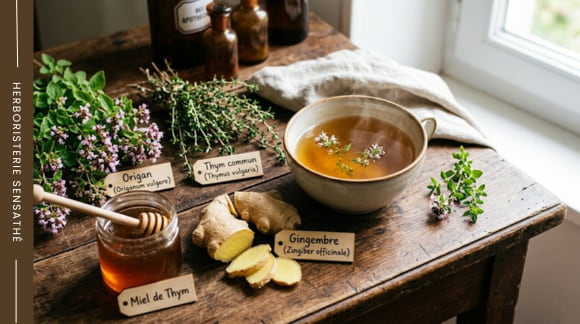 Association origan, thym, gingembre et miel pour infusion naturelle contre la bronchite et la toux grasse - Herboristerie Sensathé Association origan, thym, gingembre et miel pour infusion naturelle contre la bronchite et la toux grasse - Herboristerie Sensathé